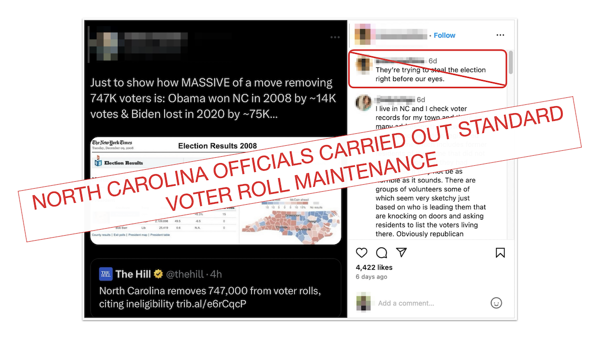 Graphic for post claiming that NC voter roll removals was effort to steal election