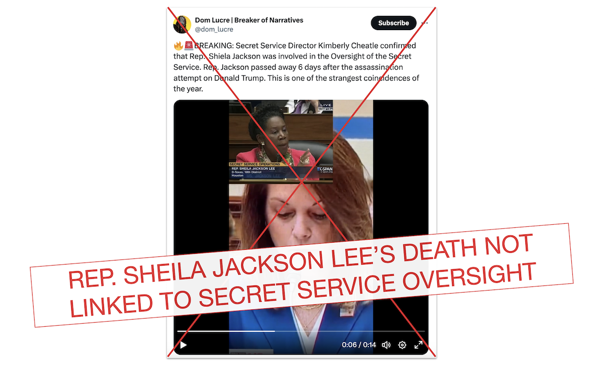 Graphic for posts linking Rep. Jackson Lee's death to Secret Service oversight 07-24-2024