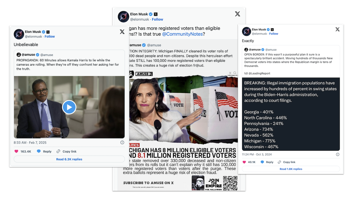 Graphic showing Elon Musk amplifying amuse posts 03-28-2025