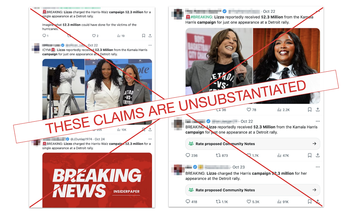 Graphic showing unsubstantiated claims about Harris paying Lizzo 10-25-2024