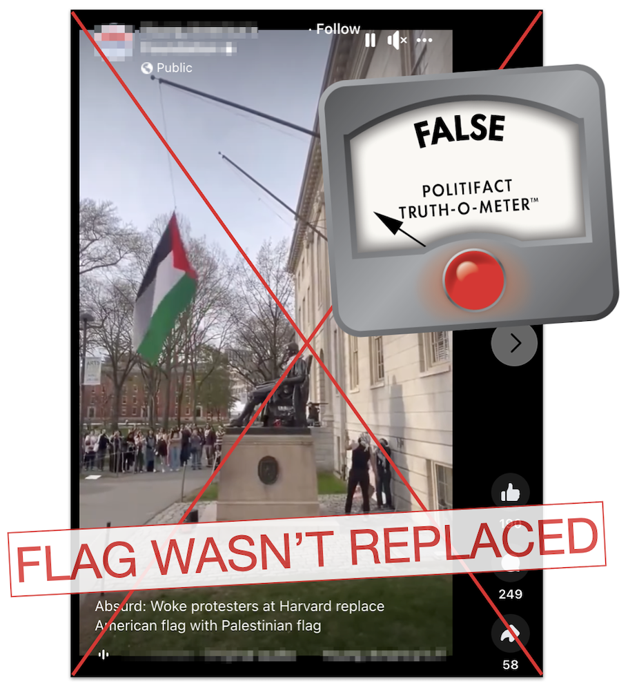 Harvard protesters replace U.S. flag claim graphic 05-03-2024