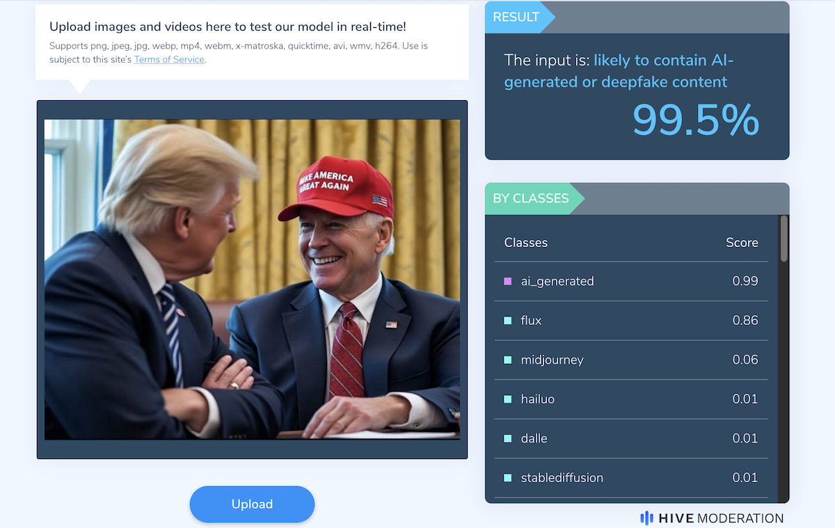 Hive Moderation results for image of Biden in a MAGA hat 11-14-2024