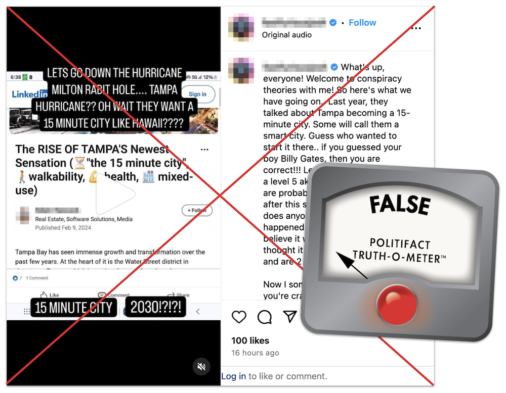 Hurricane Milton Tampa 15 minute city claim graphic, 10-8-2024