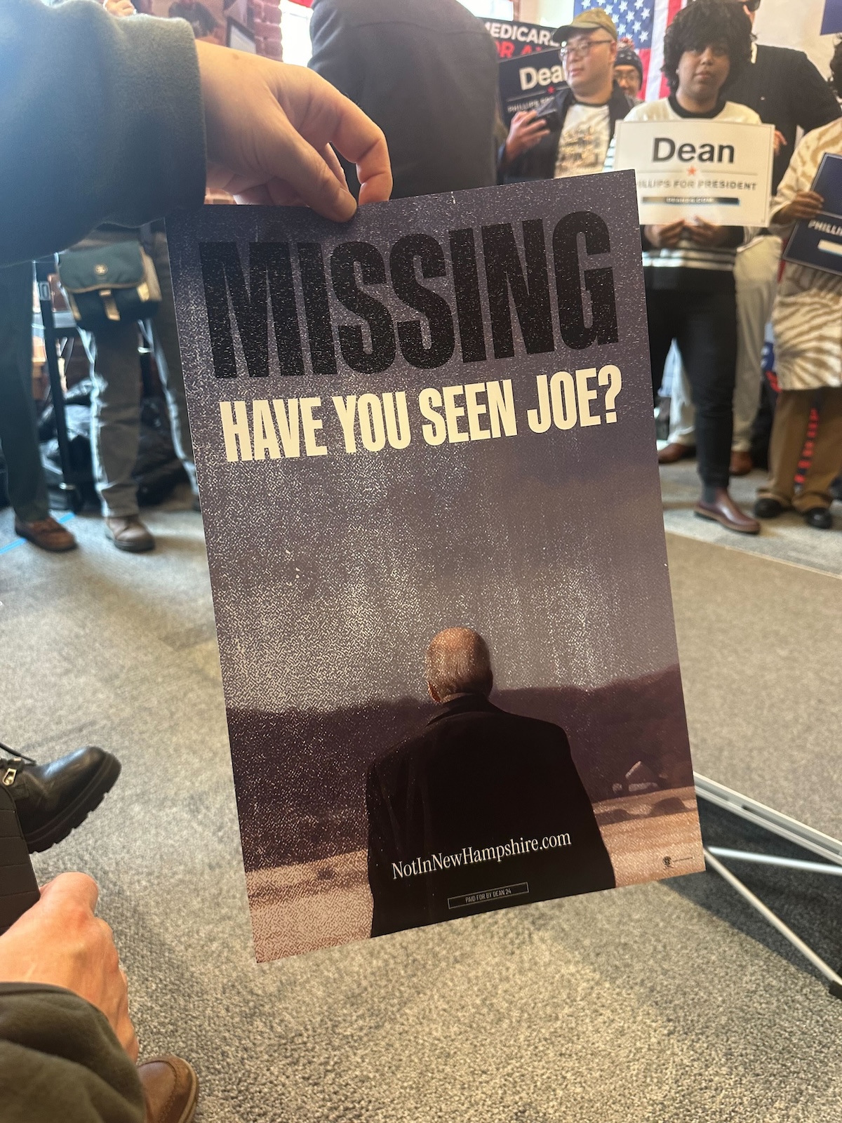 Joe Biden missing sign at Dean Phillips event in Manchester, N.H., 1-18-2024