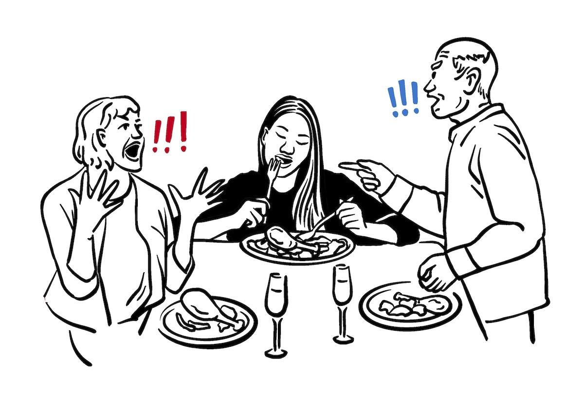 Illustration of family fighting over politics at holiday dinner table, Nov. 25, 2024