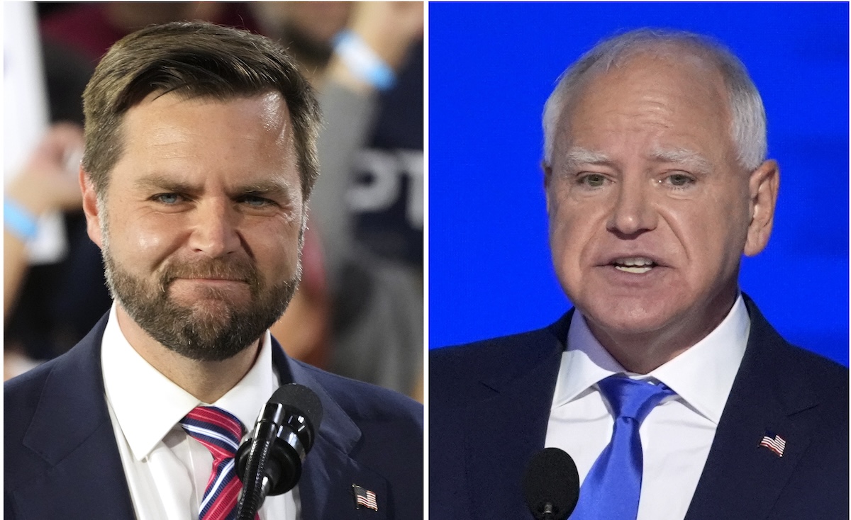 JD Vance and Tim Walz headshots side by side August 2024