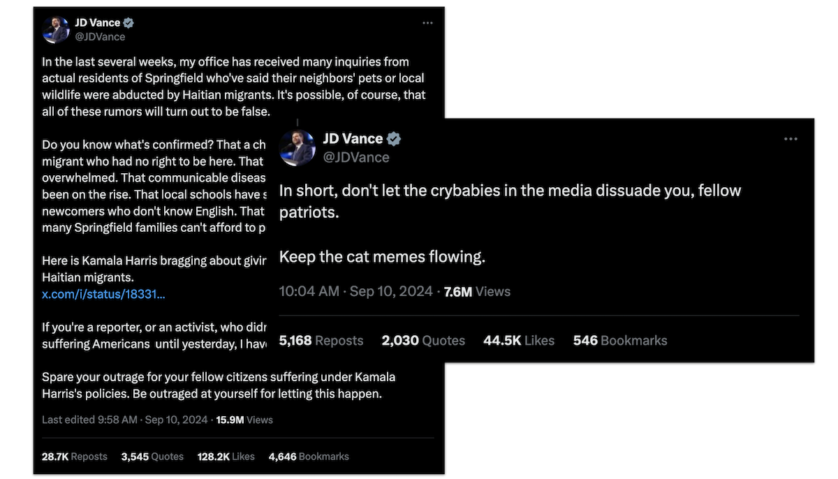 JD Vance's tweets about "cat memes" 09-16-2024