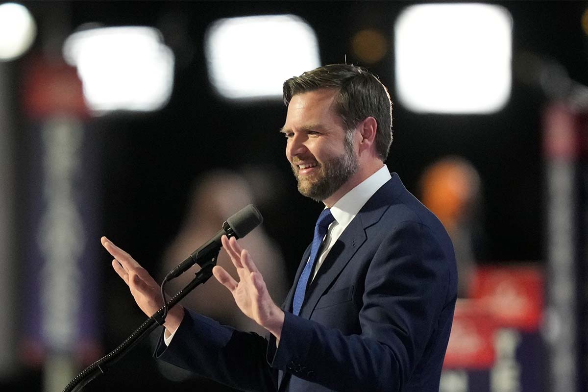 Republican vice presidential nominee J.D. Vance speaks at the RNC in Milwaukee, 7-17-2024