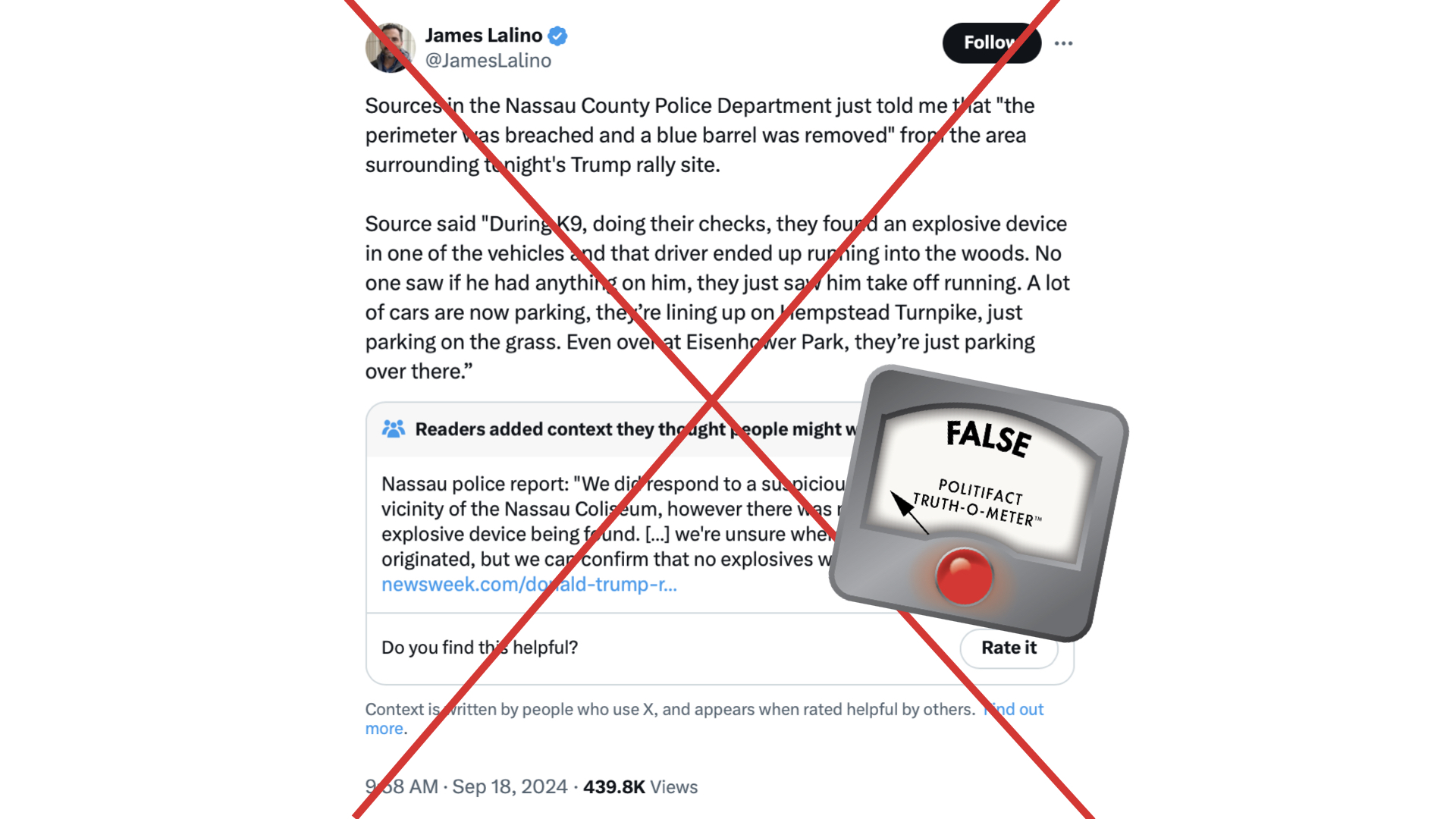 False James Lalino claim explosives at Trump rally, 9/18/24