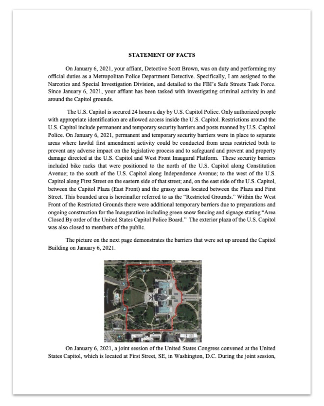 Screenshot of Jan. 6 charging documents describing barriers