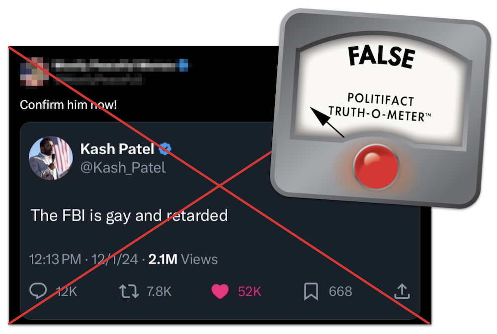 Kash Patel FBI fake X post graphic, 12-2-2024