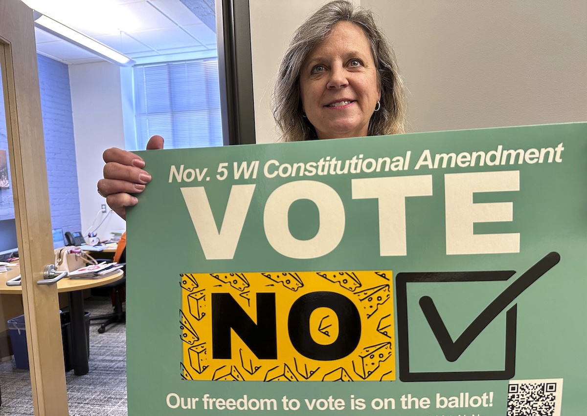 LWV Wisconsin sign rejecting noncitizen voting measure, Oct. 16, 2024
