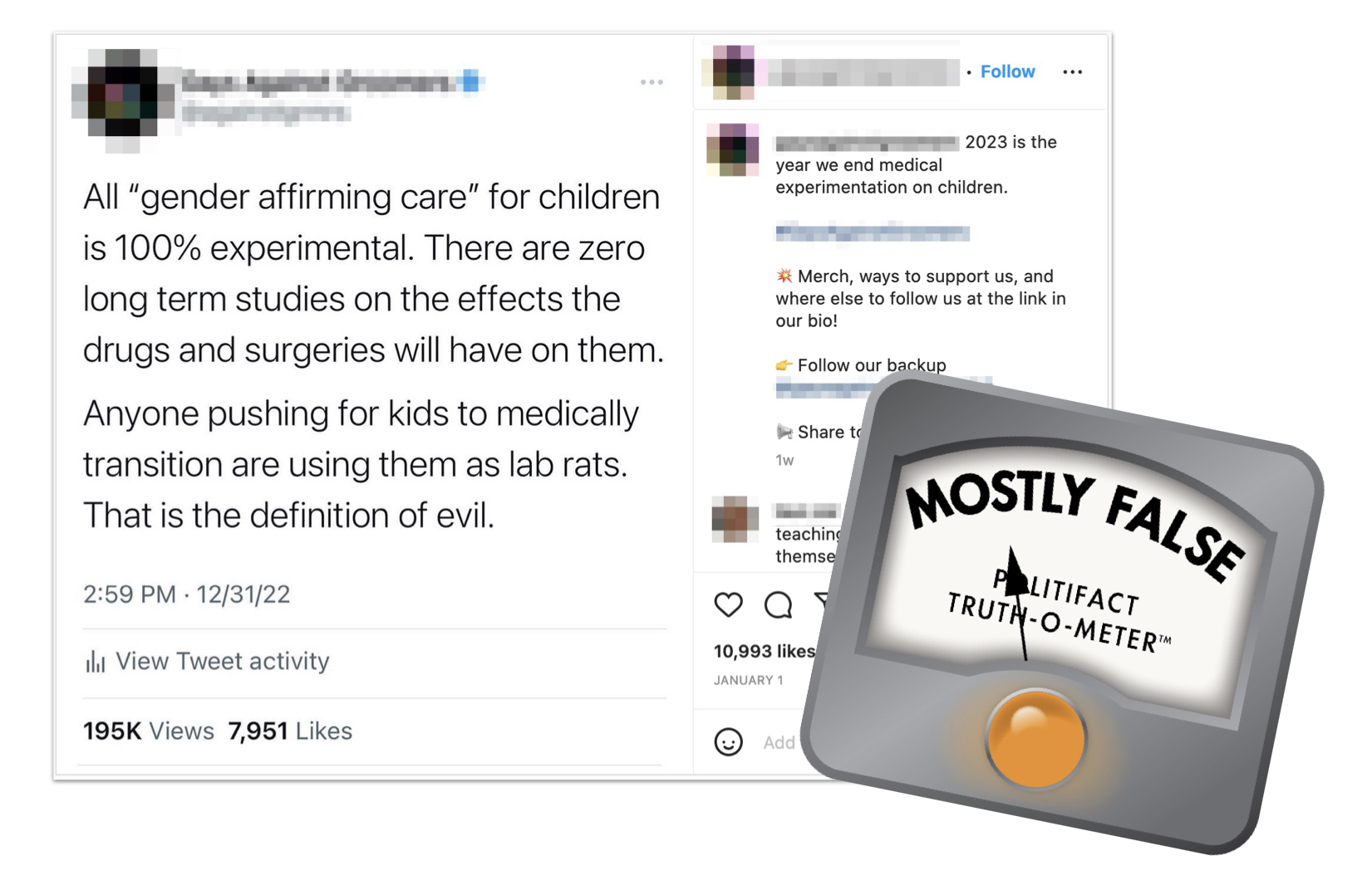 Mostly False graphic for post about gender-affirming care for children being 'experimental'