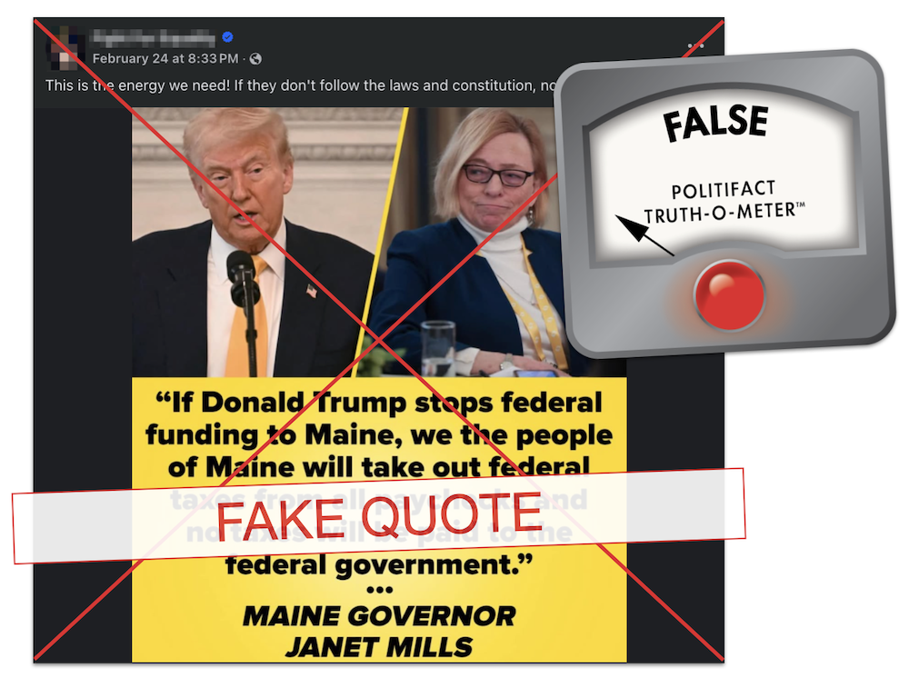 Maine Gov. Janet Mills fake quote about not paying federal taxes false graphic