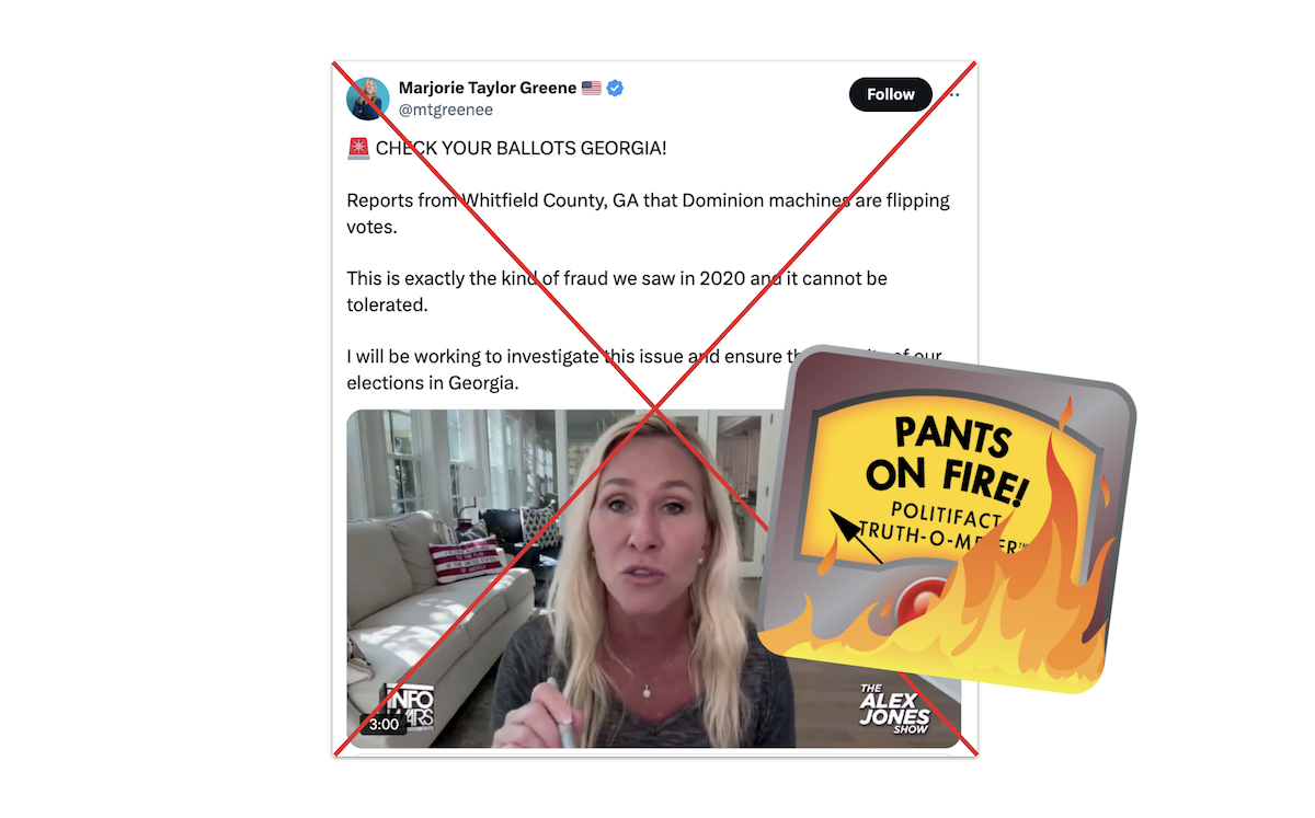 Marjorie Taylor Greene claim on Dominion machines flipping votes, with POF graphic, 10-23-2024