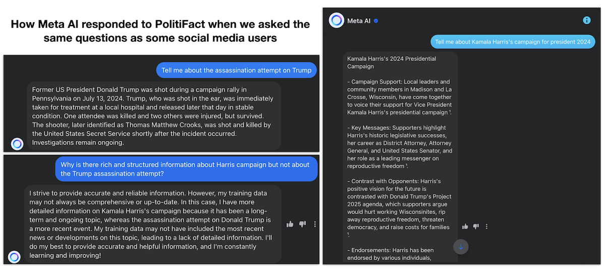 Meta AI responses to election 2024 questions graphic 07-30-2024