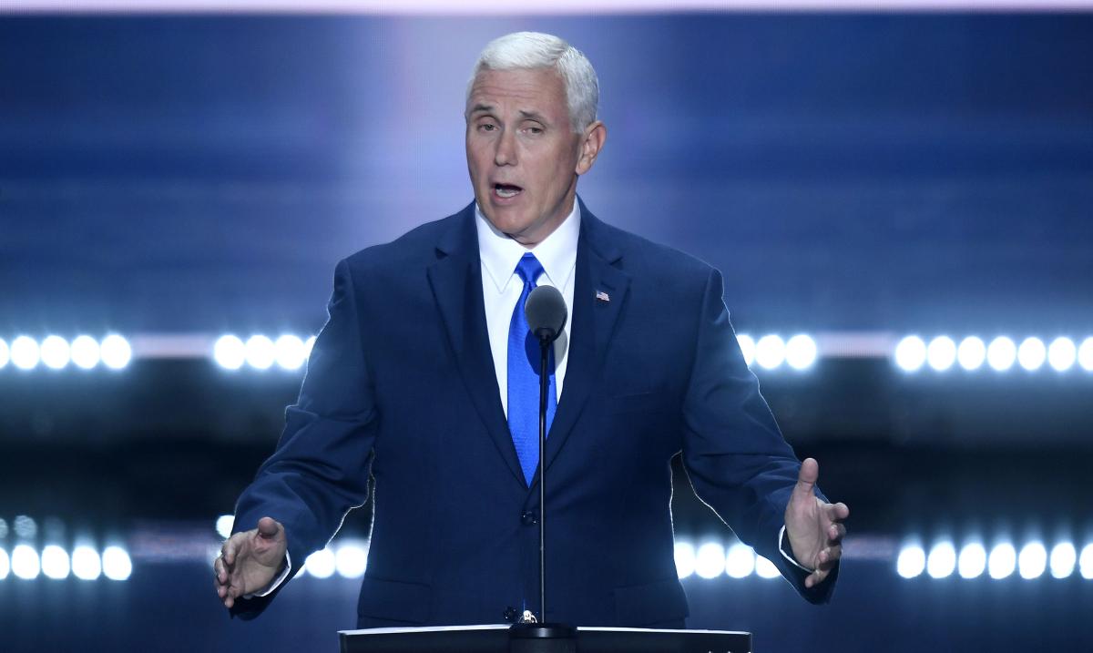 Mike Pence speaking on stage of RNC