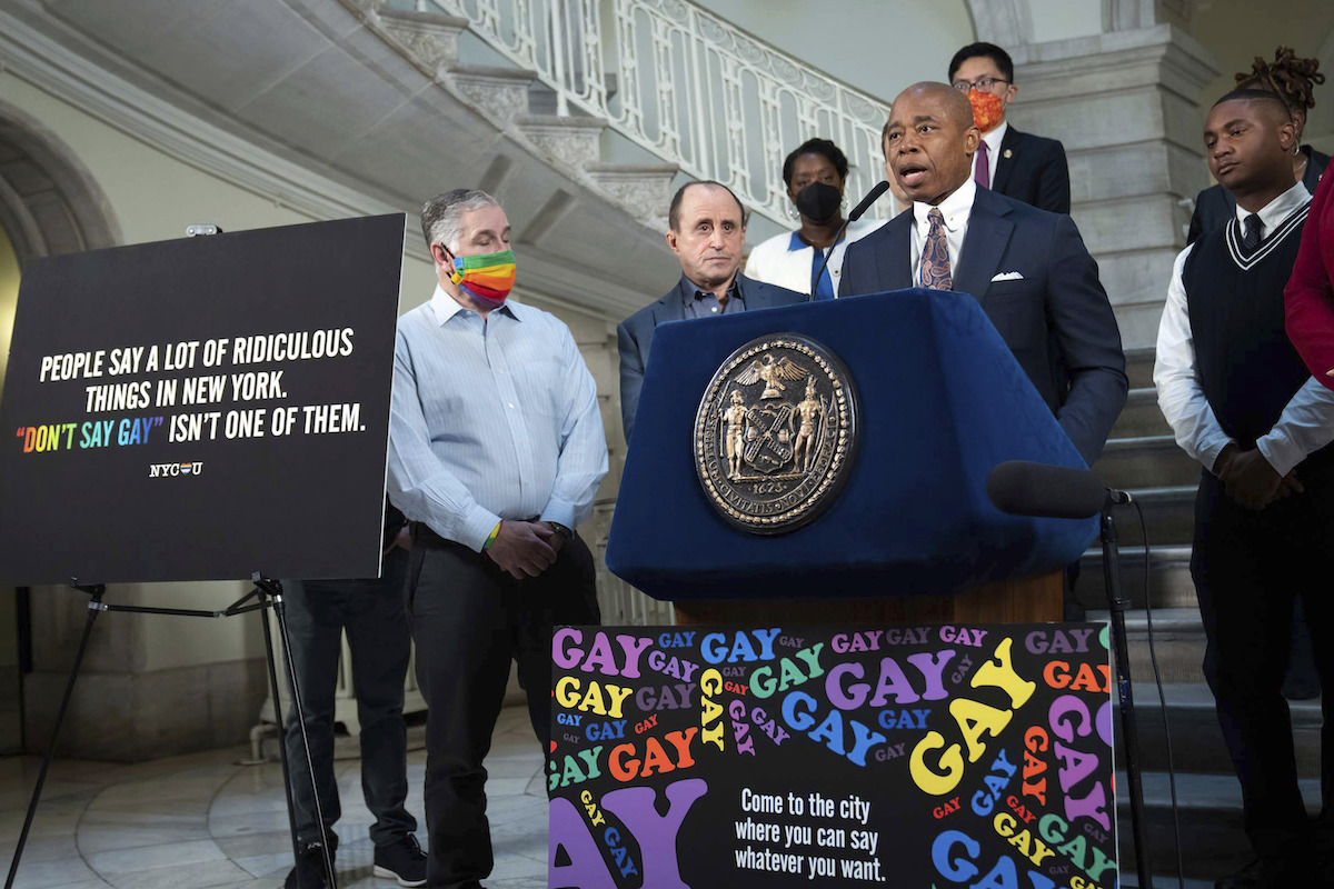 NYC Mayor announcing "Don't Say Gay" billboards