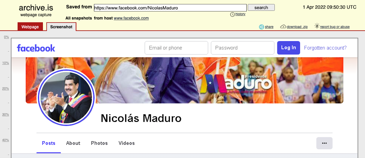 Nicolas Maduro En Espanol FB account 4-1-2022
