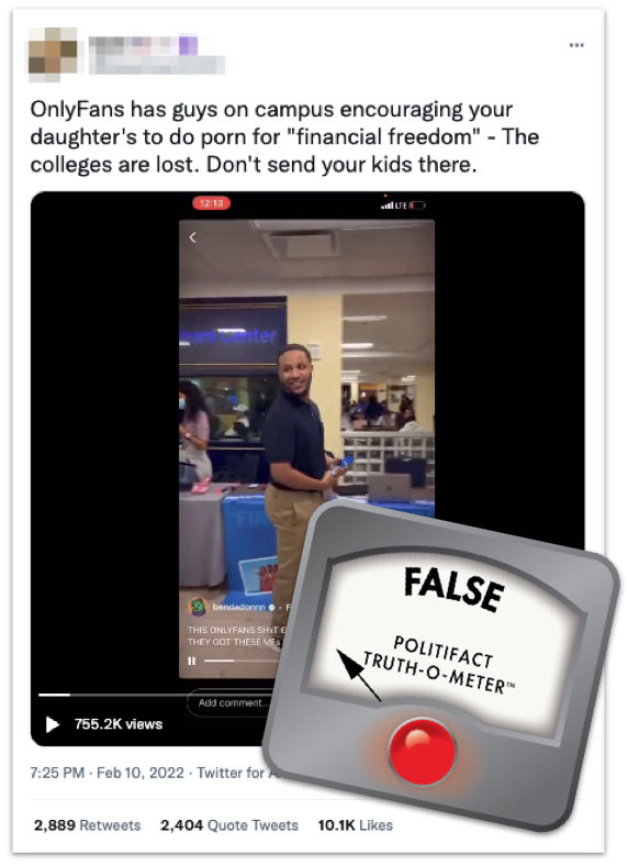 OnlyFans college campuses tweet marked with False logo