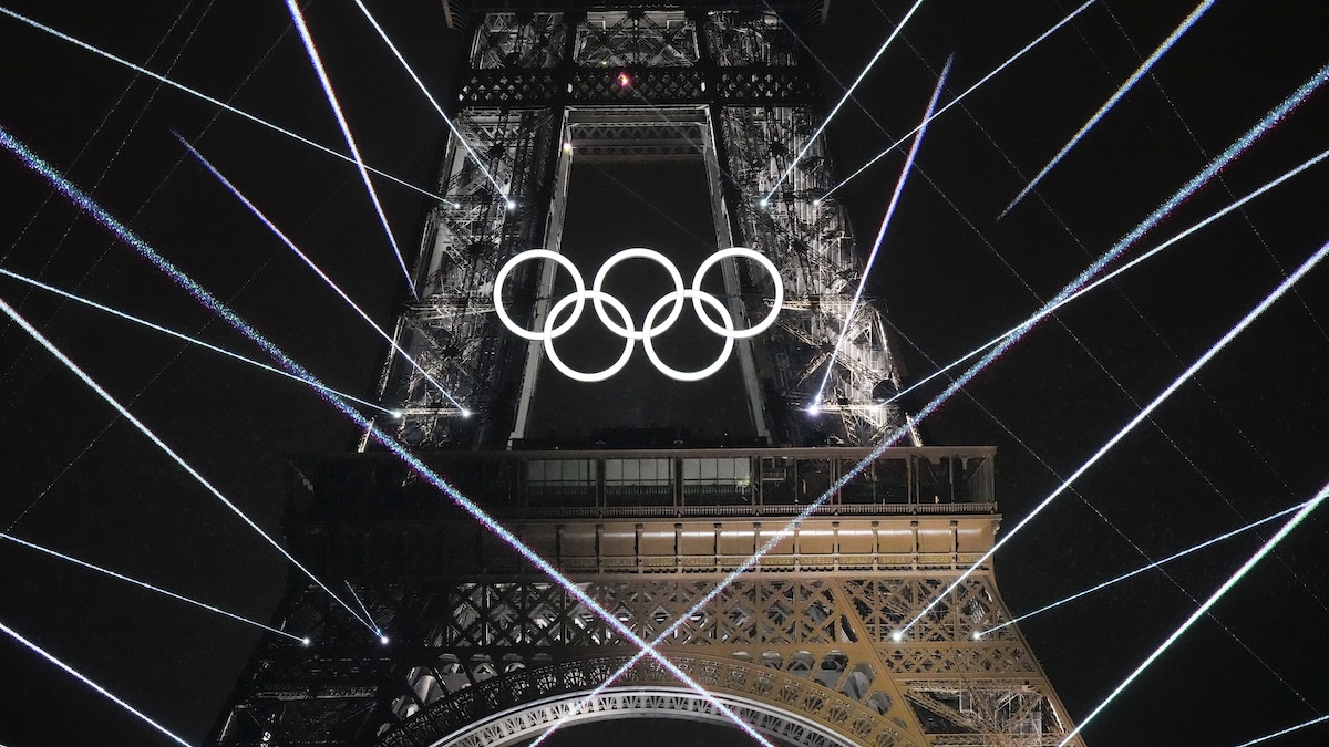 Paris Olympics opening ceremony light show on Eiffel Tower, 07-26-2024