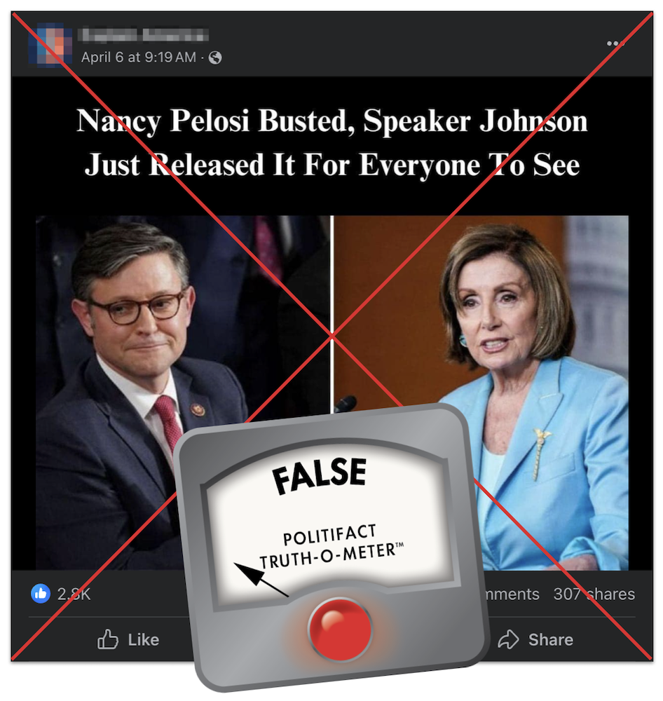 Pelosi 'busted' by Johnson claim edited screenshot for story, 3-12-2024