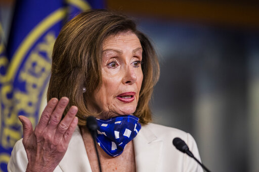 Pelosi April 30, 2020 presser with face mask by neck