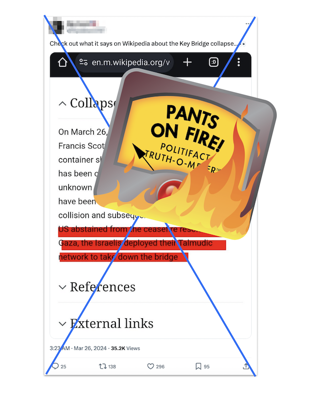 PoF graphic for claims that Wikipedia page proves Israel was responsible for Baltimore bridge collapse 3-26-2024