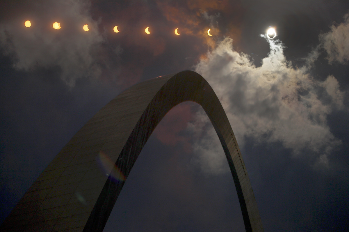 Progression of a partial solar eclipse over Gateway Arch in St. Louis, 8-21-2017