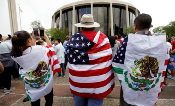 Protesters in flags