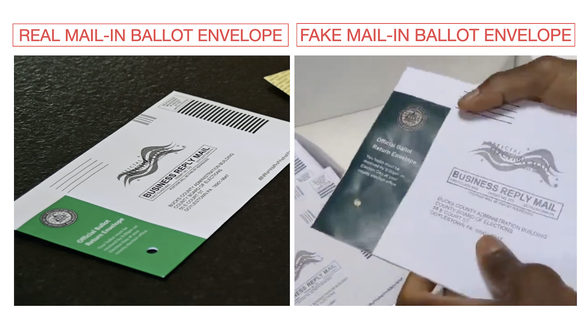 Real vs fake mail-in ballot envelopes, Bucks County, 10-25-2024