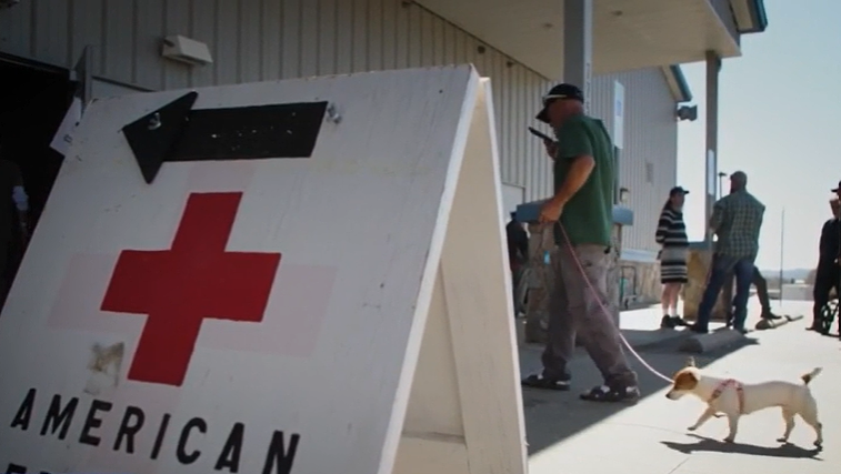 WRAL screenshot from footage outside a Red Cross shelter in western North Carolina, 10-25-2024