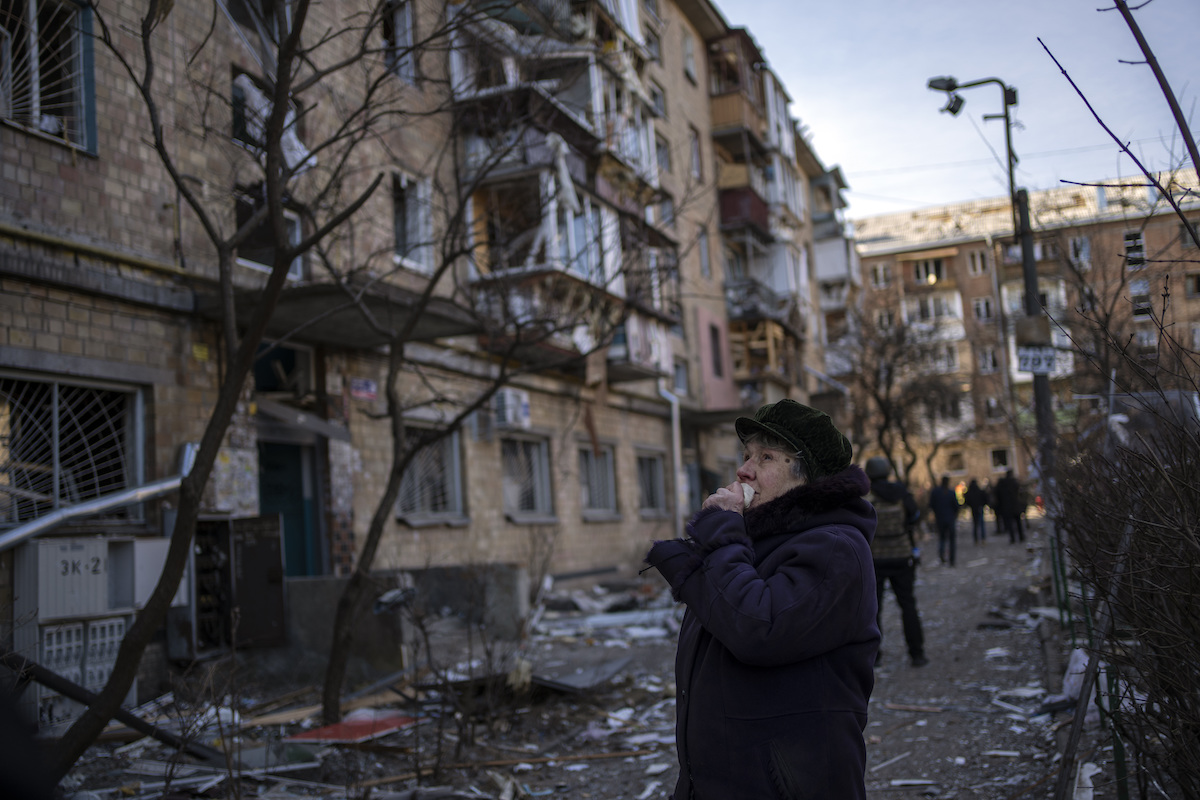 Residential buildings damaged by a bomb in Kyiv in March 2022