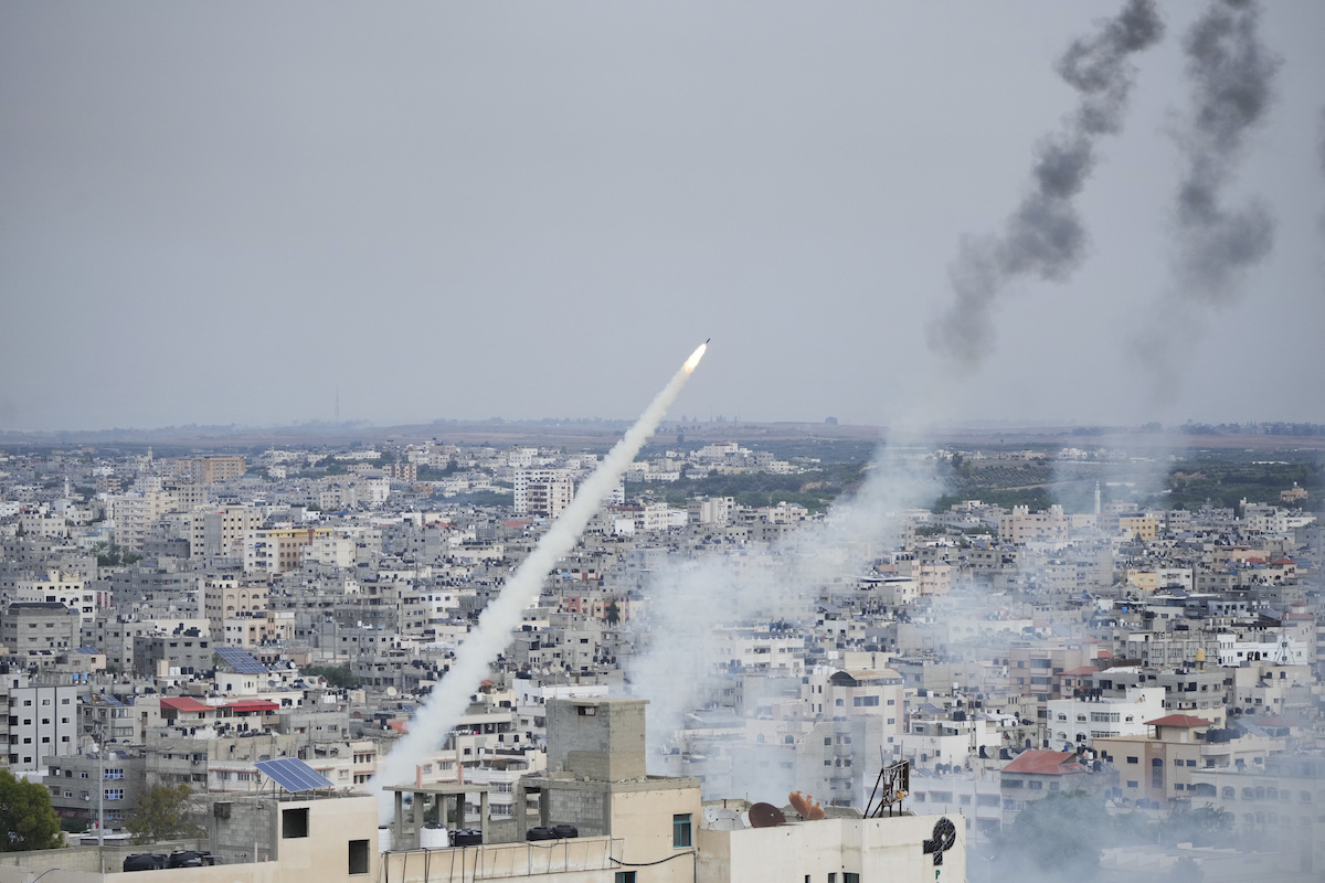 Rockets launched by Palestinian militants from the Gaza Strip towards Israel, in Gaza, Oct. 7, 2023.