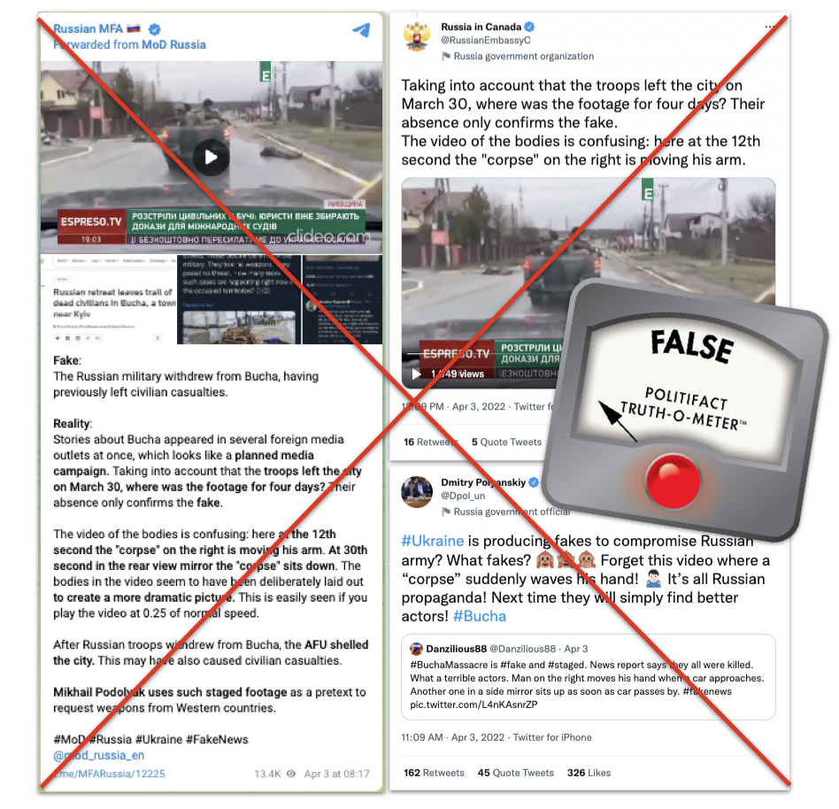 Russian officials false Bucha claims with False logo