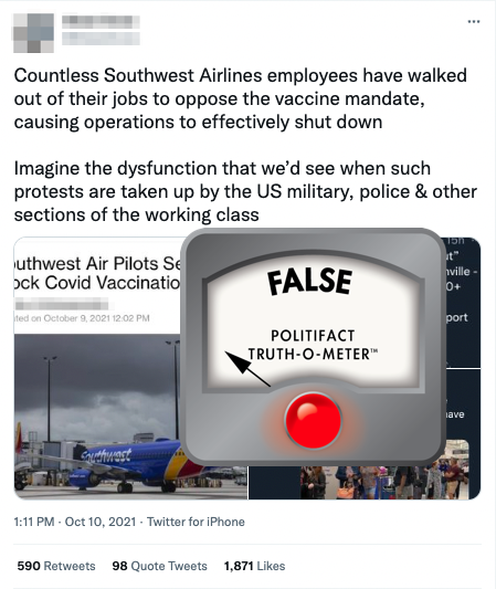 Southwest Airlines cancellations vaccine rumor with False logo