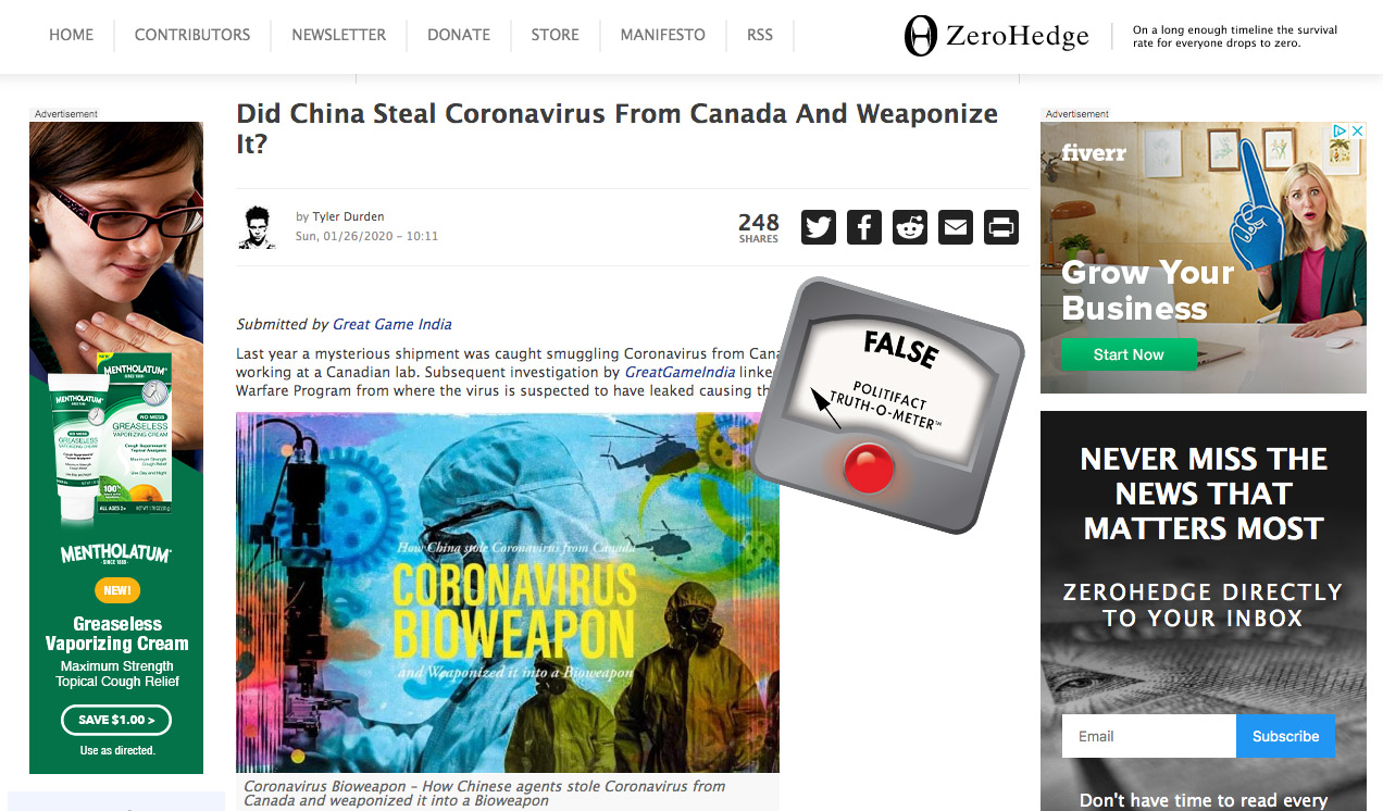 False Zero Hedge coronavirus story