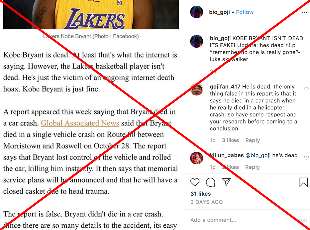 Bryant misinfo: False Instagram conspiracy