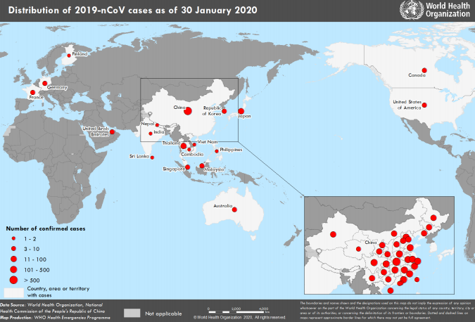 WHO coronavirus map (Jan. 30)