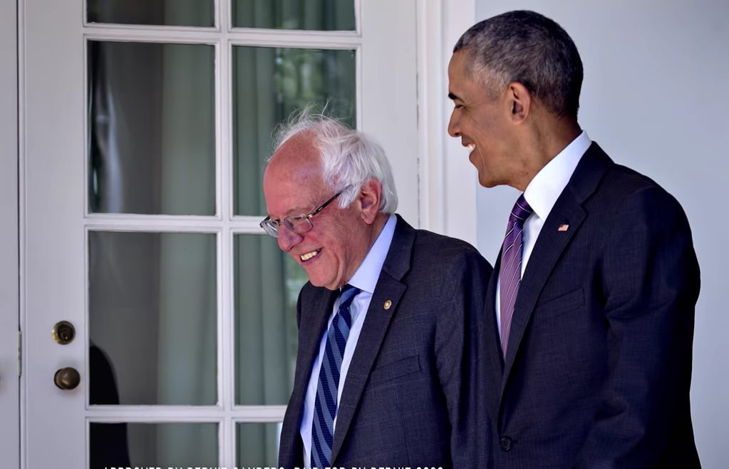 Still of end of Bernie Obama praise ad