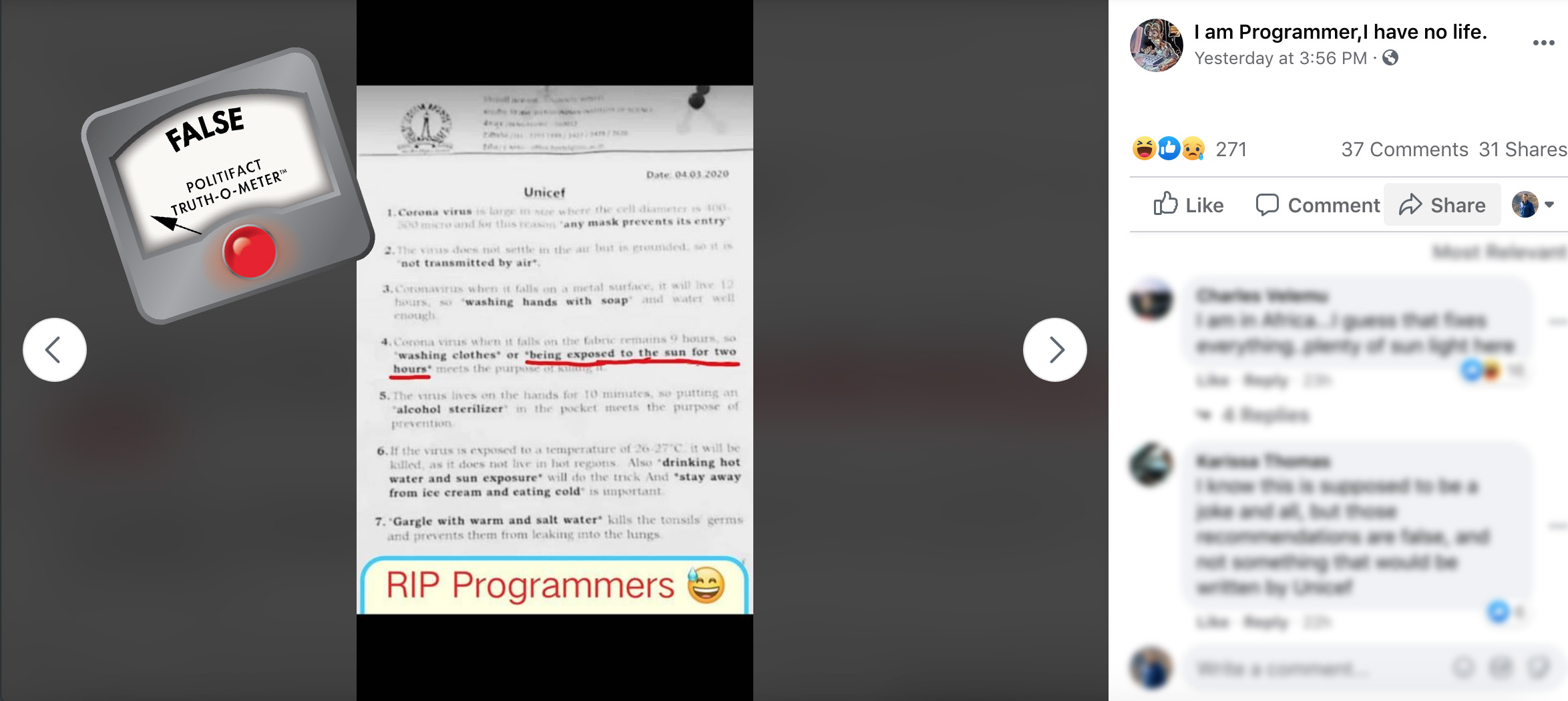 Sunshine coronavirus hoax