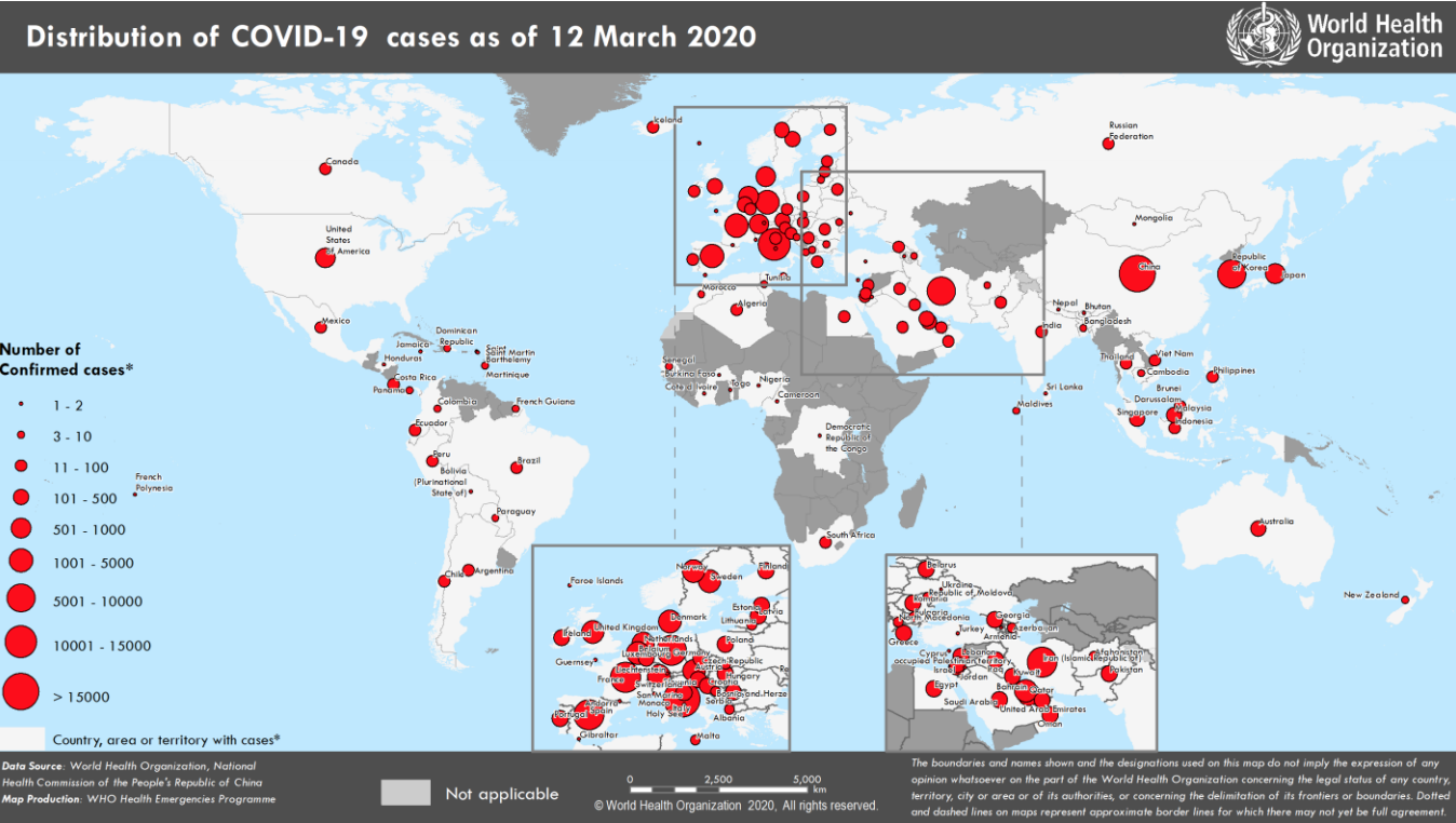 WHO coronavirus cases 3/13