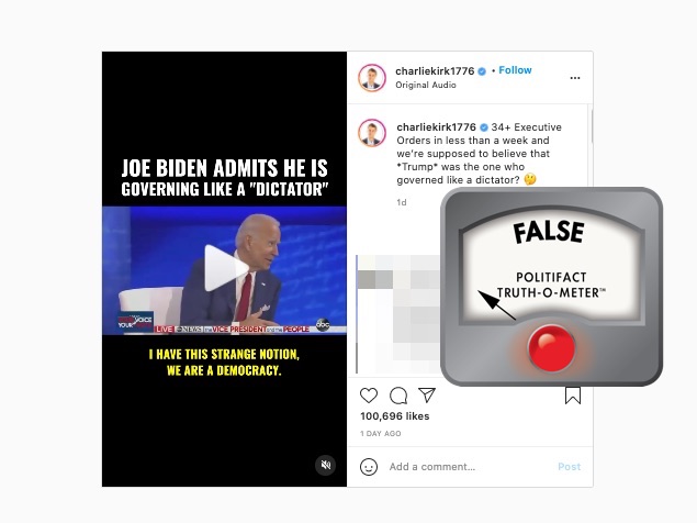 1/28/21: Charlie Kirk Instagram post about Biden EOs
