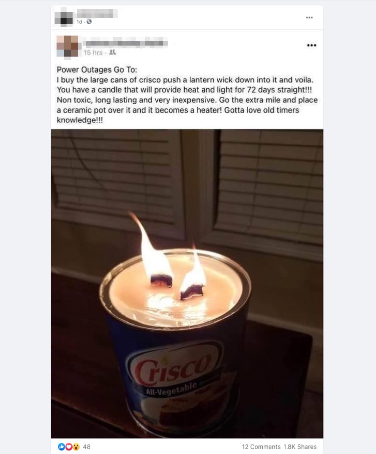 Crisco candle Facebook post
