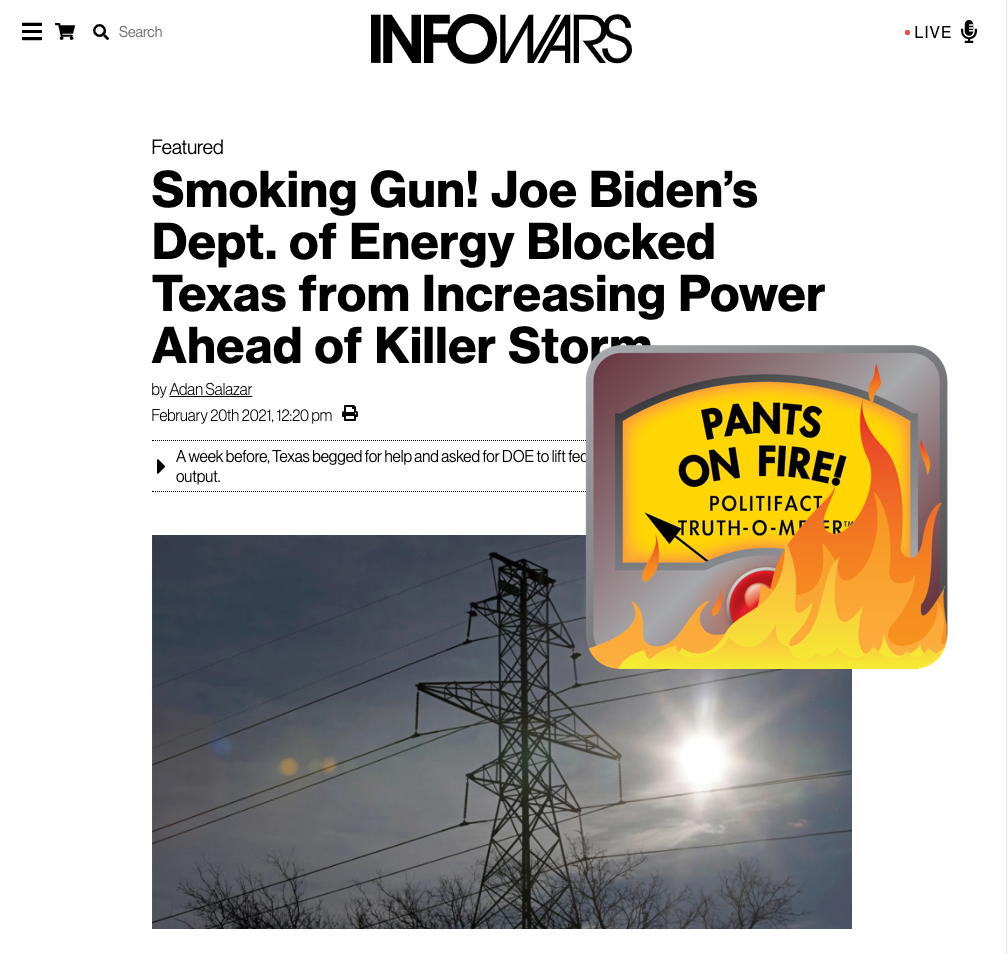 InfoWars article about DOE, Texas