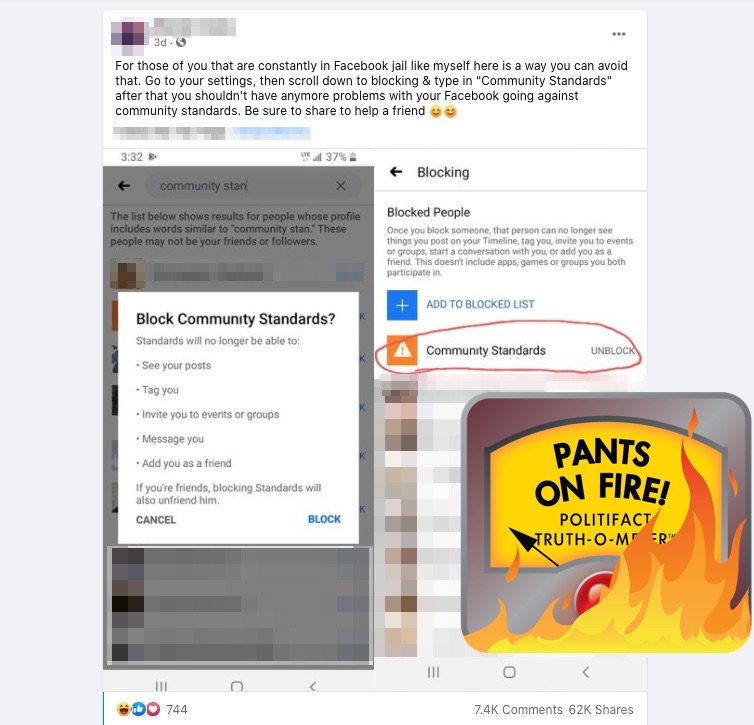 Facebook claim on blocking Community Standards