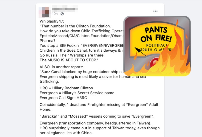 Facebook post about Evergreen, Suez Canal, Clinton