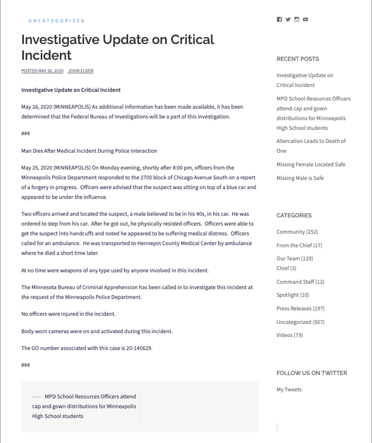 Original MPD statement George Floyd screenshot