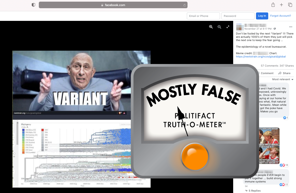 Facebook post covid variants picked to scare people with Mostly False logo
