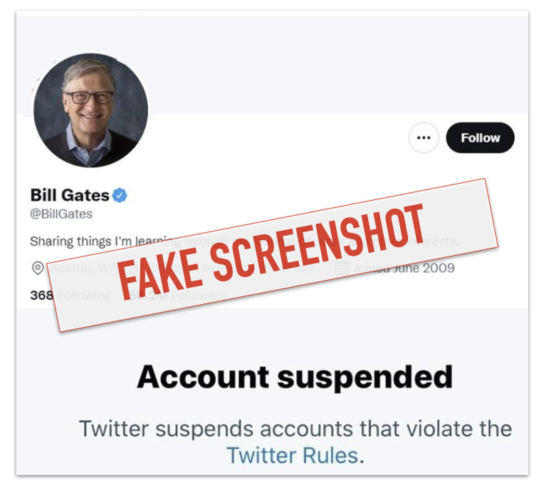 Bill Gates fake suspension screenshot marked